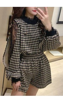 Style White Lace Patchwork Stand Collar tops shorts Two-Piece Set Spring