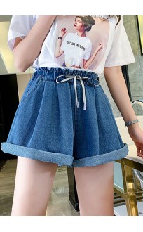 Simple Navy Elastic Waist drawstring Pockets Cotton wide leg Pants Shorts Summer