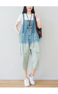 Natural Blue Casual Pockets Button Gradient Color Fall Rompers Cotton