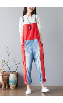 Simple Red pockets Patchwork jeans Jumpsuit Spring