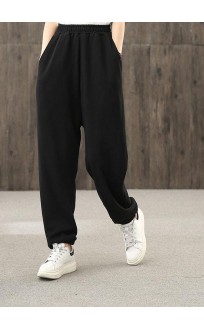 Ladies autumn art black elastic waist pocket casual pants