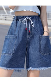French Light Blue Elastic Waist Drawstring Pockets Cotton Denim Short Pants Summer