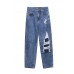 French Blue Cotton Hole Patchwork Casual Jeans Pants