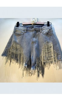 Slim Fit Blue Asymmetrical Design Tassel Diamond Cotton Denim Shorts