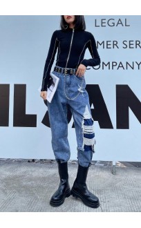 French Blue Cotton Hole Patchwork Casual Jeans Pants