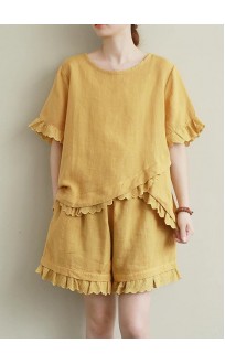 Literary yellow suit lace lace irregular round neck short sleeve shorts two-piece suit