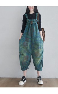 Women Blue pockets Print denim Jumpsuits Spring