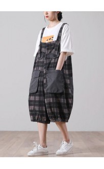 Plus Size Black Plaid Jeans Jumpsuit Shorts Cotton