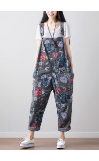 Boho Dark Gray Print Cowboy Jumpsuit Spring