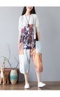 diy Orange pockets print Patchwork Jumpsuits Spring