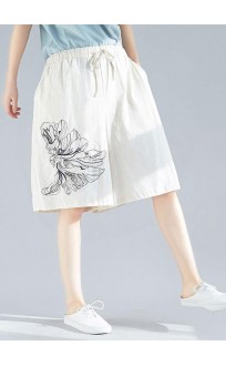 white embroidery blended loose pants casual elastic waist shorts