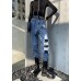 French Blue Cotton Hole Patchwork Casual Jeans Pants