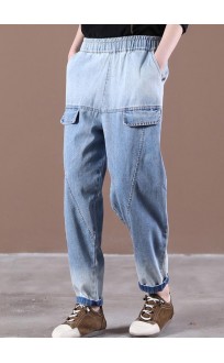 Modern Light Blue Trousers Thin Spring Pockets Sewing Casual Pants