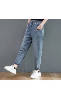 Autumn new blue lace-up elastic waist harem jeans