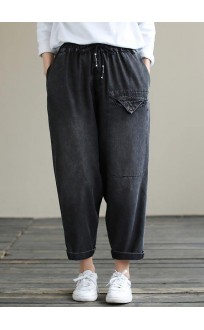 Organic Spring Casual Pants Denim Black Fabrics Cinched Pants