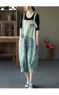 Women Light Blue Pockets Patchwork Jumpsuit Crop Pants
