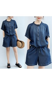 summer new navy stylish cotton short sleeve tops and casual jumpsuit shorts