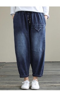 Bohemian Denim Blue High Waist Loose Spring Cinched Work Outfits Wild Trousers