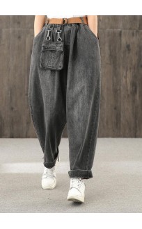 Washed denim black autumn casual trousers loose harem pants