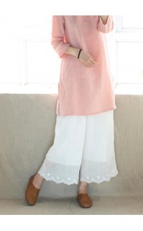 Loose Summer Casual White Embroidery Shape Elastic Waist Pant