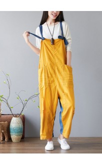Fashion Yellow pockets Patchwork denim Jumpsuit Spring