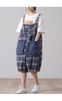 Loose Blue Pockets Plaid Cotton Jeans Jumpsuit Shorts