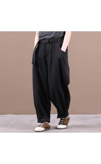 New loose large size literary belt pure black casual pants women