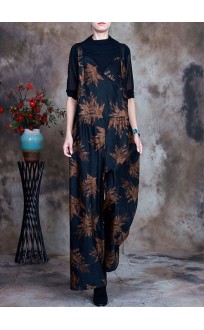 Retro Navy fashion Print slim fit Fall jumpsuit pants