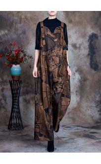 Women Coffee Button Patchwork Fall retro jumpsuit pants
