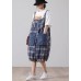 Loose Blue Pockets Plaid Cotton Jeans Jumpsuit Shorts